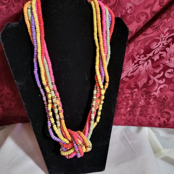 24" Rainbow Wood Beed Multi Strand Knot Necklace - Picture 2 of 5